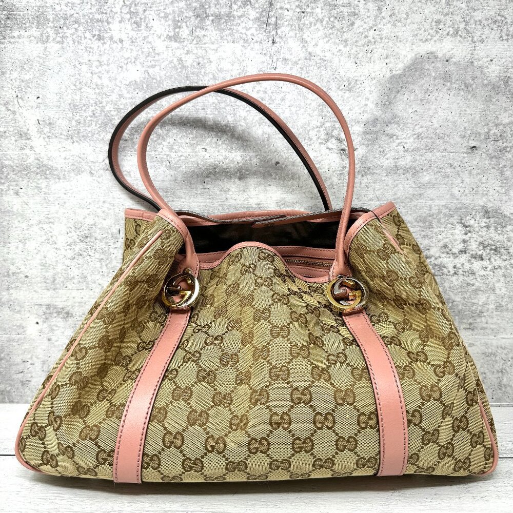 Gucci Beige GG Canvas Tote with Pink Trim and Gold Hardware